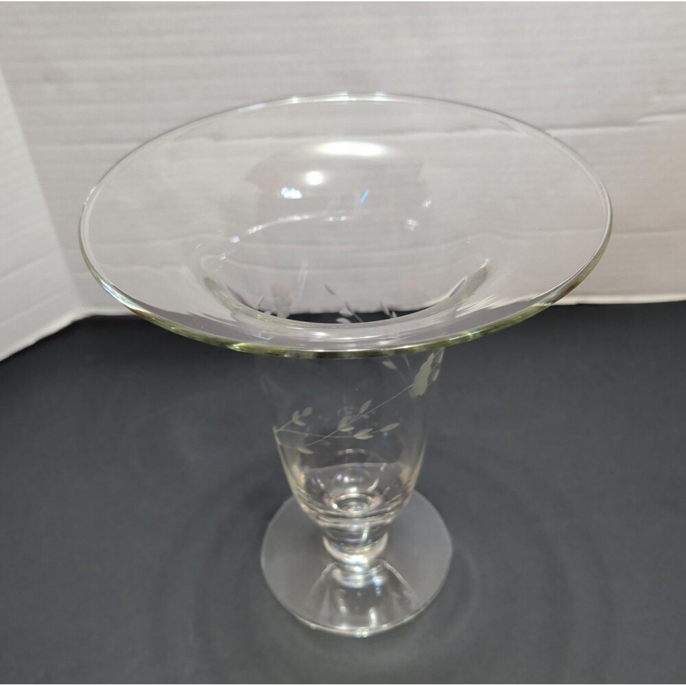 Vtg Etched Clear Glass Footed Trumpet Vase – 9" Wide Flared Rim Floral Wheat Cut